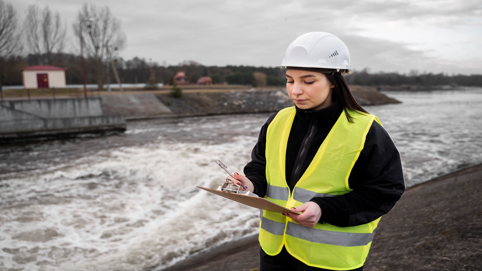 an engineer examining a detention pond